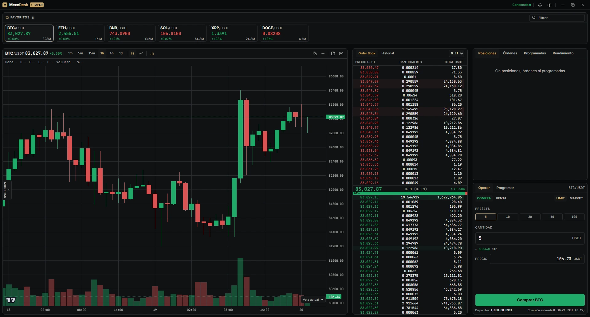 MexcDesk abierto en modo paper trading: favoritos, gráfico de velas, libro de órdenes y formulario de compra y venta